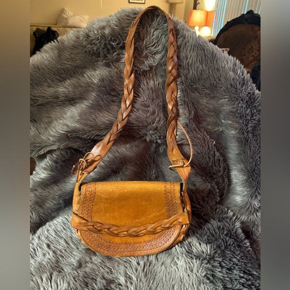Vintage Unique and Antique Brown Braided Leather Crossbody Bag Purse